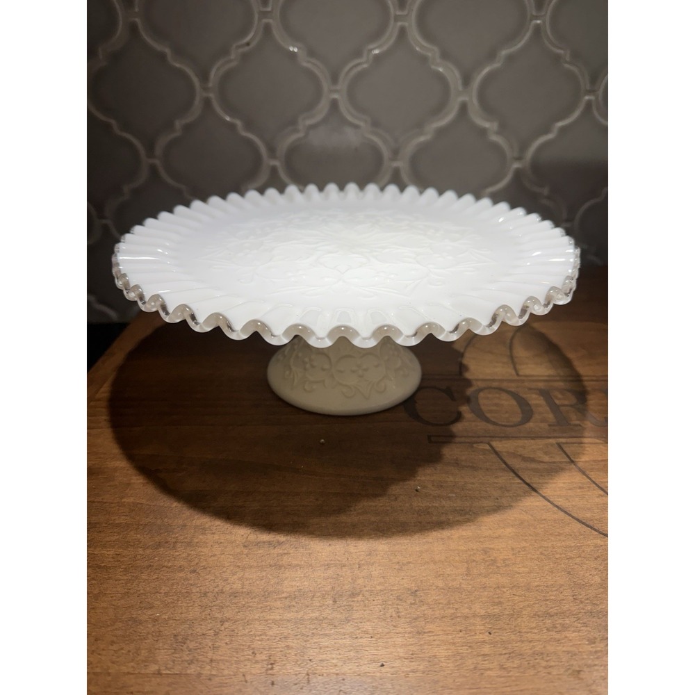 vintage Fenton Spanish Lace Silver Crest Milk Glass Cake Stand